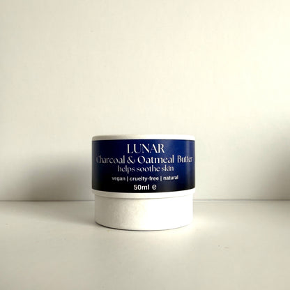 Jar of Lunar Charcoal &amp; Oatmeal Butter on a white background