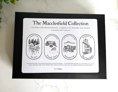 Macclesfield Collection packaging with black border and white label on a light background