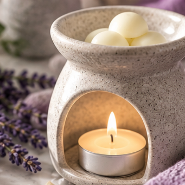 A speckled beige ceramic wax warmer with a lit tealight candle inside and several white wax melts resting in the top bowl, styled with lavender sprigs on a light surface.