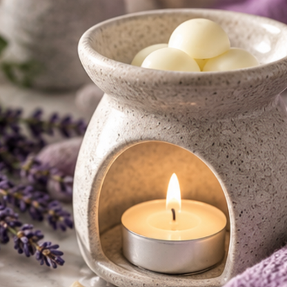 A speckled beige ceramic wax warmer with a lit tealight candle inside and several white wax melts resting in the top bowl, styled with lavender sprigs on a light surface.