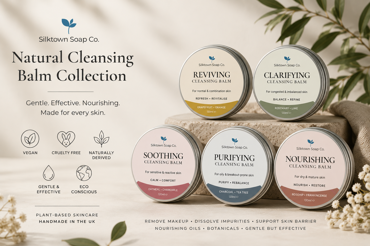 Silktown Soap Co. Natural Cleansing Balm Collection with various balm containers on a neutral background.