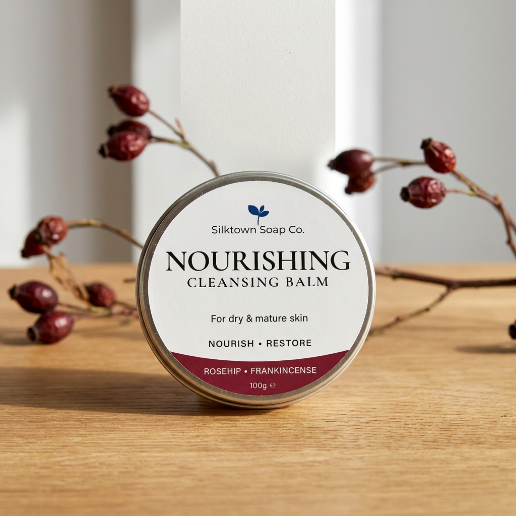 A round tin of Silktown Soap Co. Nourishing Cleansing Balm sits on a wooden surface with dried rosehips in the background.
