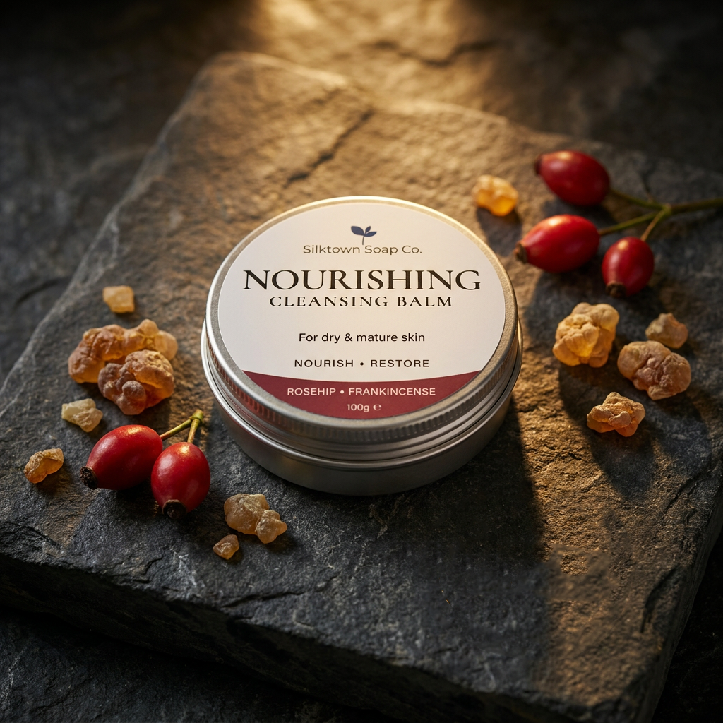 A round tin of Silktown Soap Co Nourishing Cleansing Balm sits on a dark textured stone slab, surrounded by red rose hips and amber-colored botanical pieces under warm, dramatic lighting.
