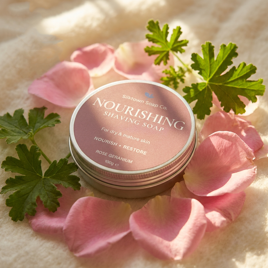 A round tin of Skintown Soap Co. Nourishing Shaving Soap, styled with pink rose petals and green leaves on a soft cream fabric background.