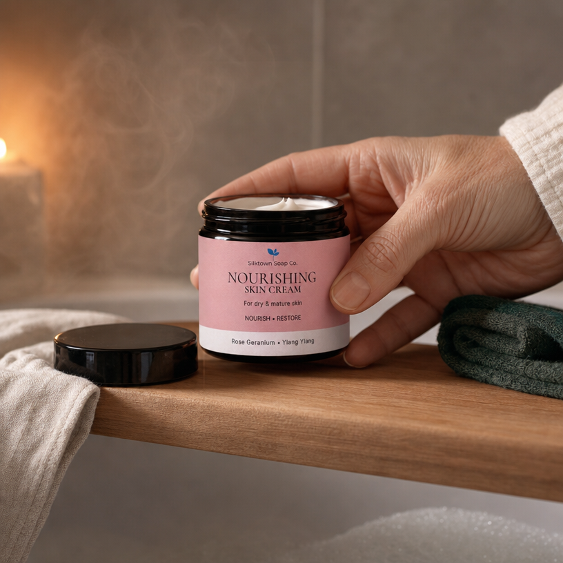 A hand holds a jar of Rose Geranium &amp; Ylang Ylang Nourishing Skin Cream on a wooden shelf, with the black lid resting beside it and a warm, steamy background.