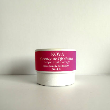 Jar of NOVA Coenzyme Q10 Butter with a pink label on a white background