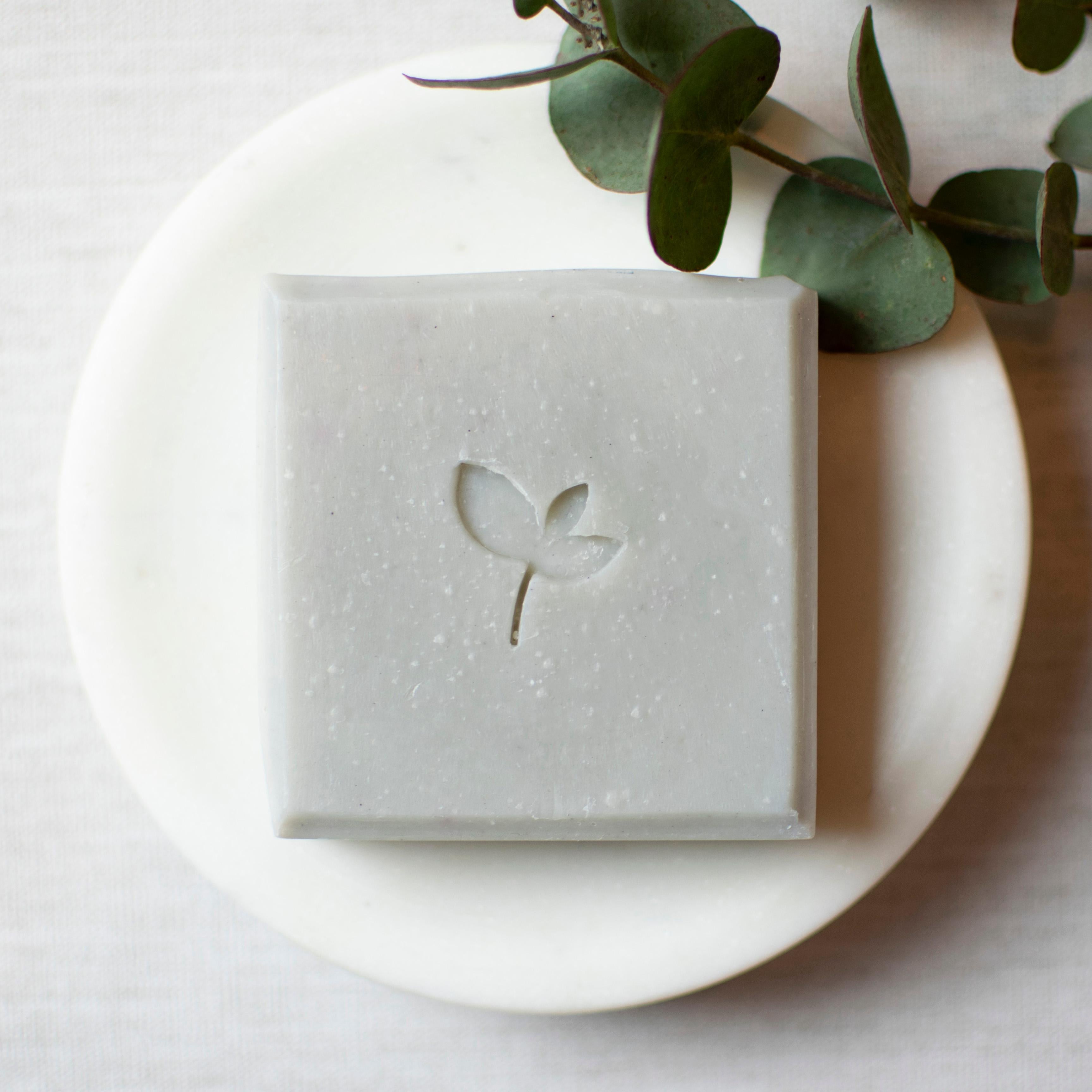 Ocean Breeze natrual handmade soap on  dish with eucalyptus