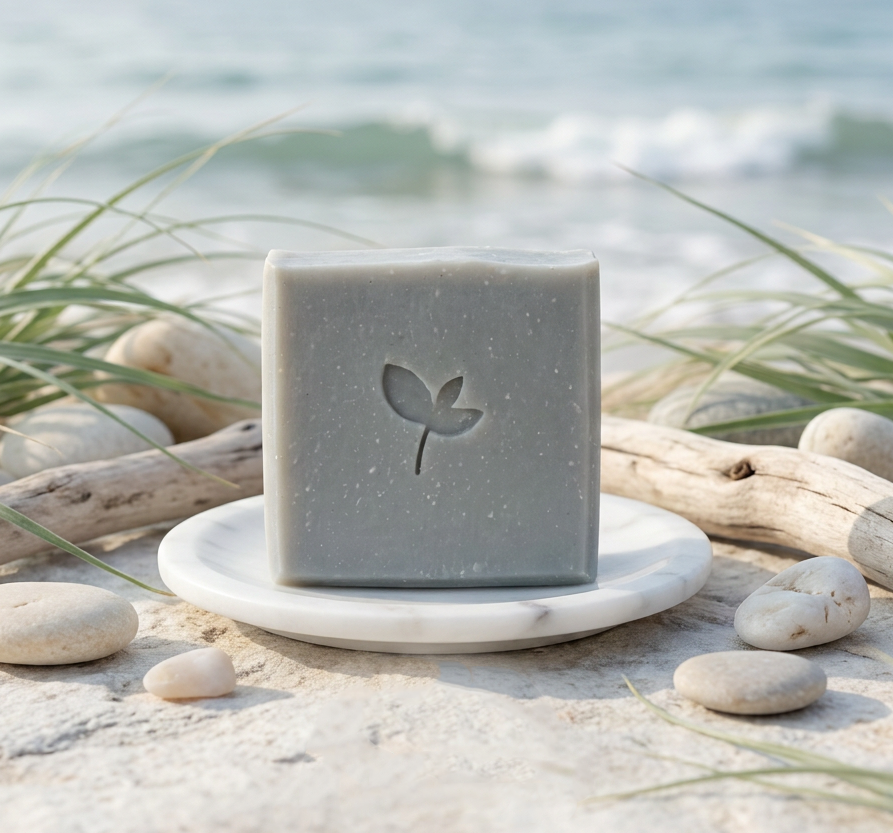 ocean breeze soap bar on white dish on sand with driftwood and pebbles with waves in the background
