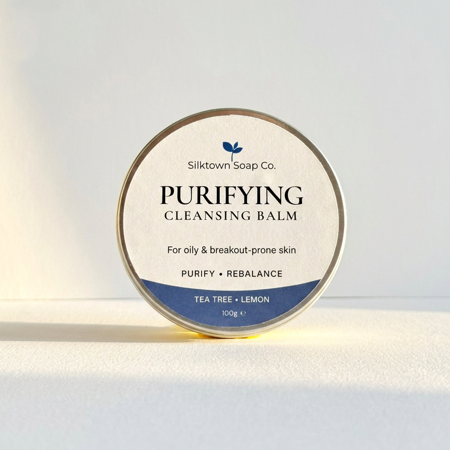 A round tin of Silktown Soap Co. Purifying Cleansing Balm (Tea Tree + Lemon) on a white surface with soft sunlight and shadows.