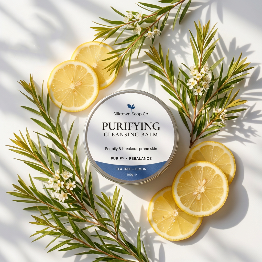 Silktown Soap Co. Purifying Cleansing Balm tin surrounded by fresh lemon slices, green tea tree leaves, and small white flowers on a bright white background with soft shadows.