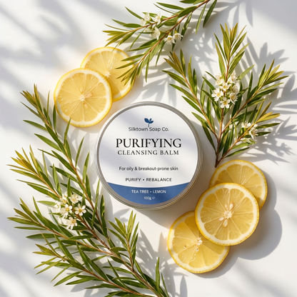 Silktown Soap Co. Purifying Cleansing Balm tin surrounded by fresh lemon slices, green tea tree leaves, and small white flowers on a bright white background with soft shadows.