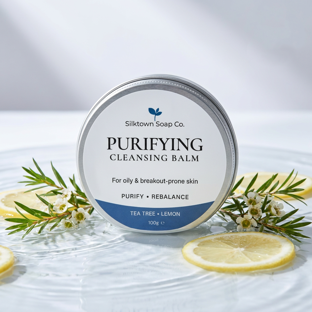 A round silver tin of Silktown Soap Co. Purifying Cleansing Balm, labeled Tea Tree + Lemon, styled on a white textured surface with lemon slices and tea tree flowers.