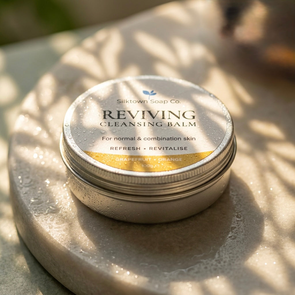A round metal tin of Silktown Soap Co Reviving Cleansing Balm sits on a textured stone slab in soft, dappled sunlight.