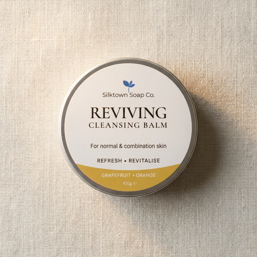 A round metal tin of Silktown Soap Co. Reviving Cleansing Balm, Grapefruit + Orange scent, resting on a textured beige linen background.