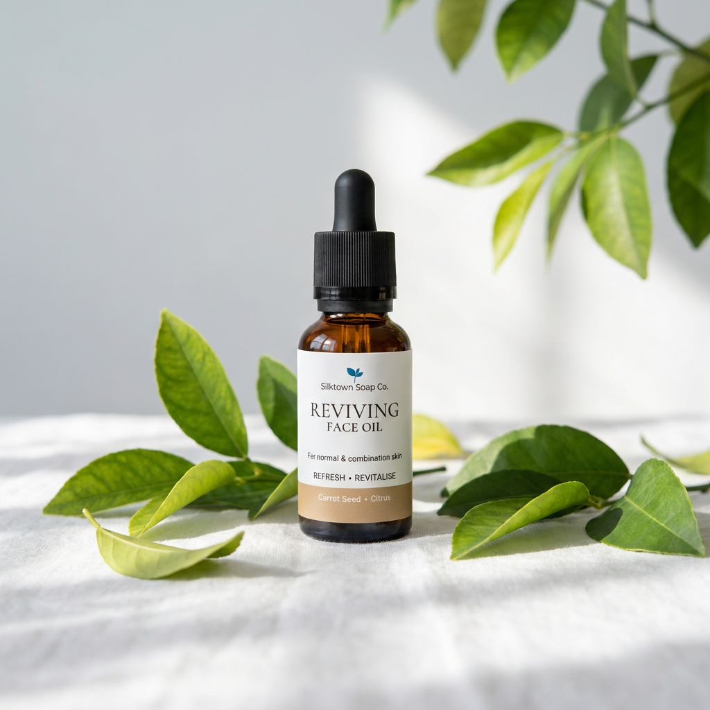 Reviving face oil and citrus leaves on white background
