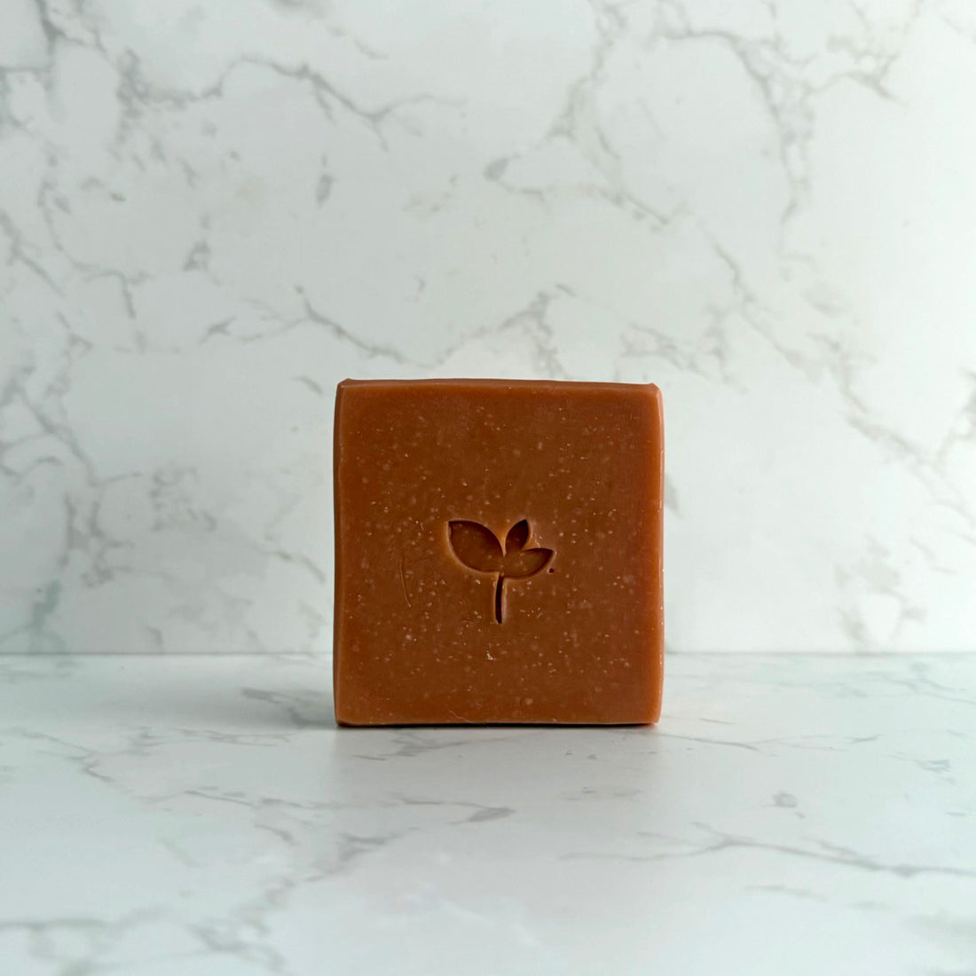 A square bar of terracotta-colored soap with a small leaf imprint in the center, standing upright on a white marble surface against a matching marble background.