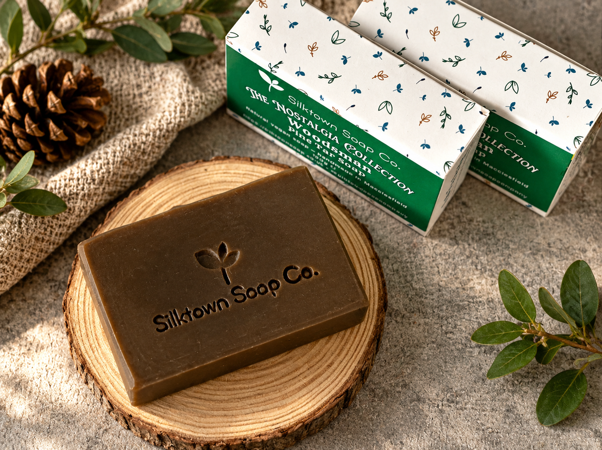 A bar of pine tar soap from Silktown Soap Co. sits on a round wood slice, with two matching product boxes behind it and decorative leaves, burlap, and a pinecone around it.