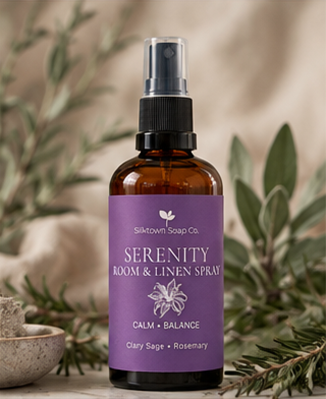 An amber glass room and linen spray bottle with a purple label from Silktown Soap Co., styled with green leaves and a stone bowl on a neutral beige background.