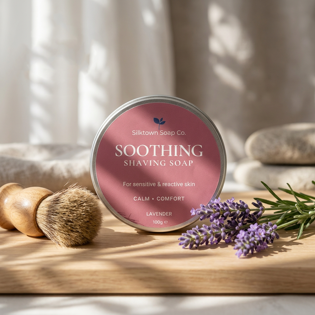 A round tin of Silktown Soap Co. Soothing Shaving Soap sits on a wooden board with a shaving brush, lavender sprigs, and stacked stones in soft sunlight.