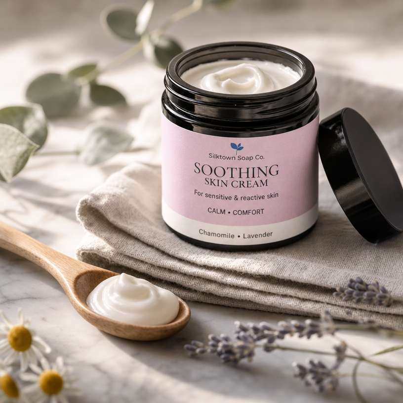 An open jar of Soothing Skin Cream by Silktown Soap Co. sits on a folded linen cloth with its black lid beside it.
