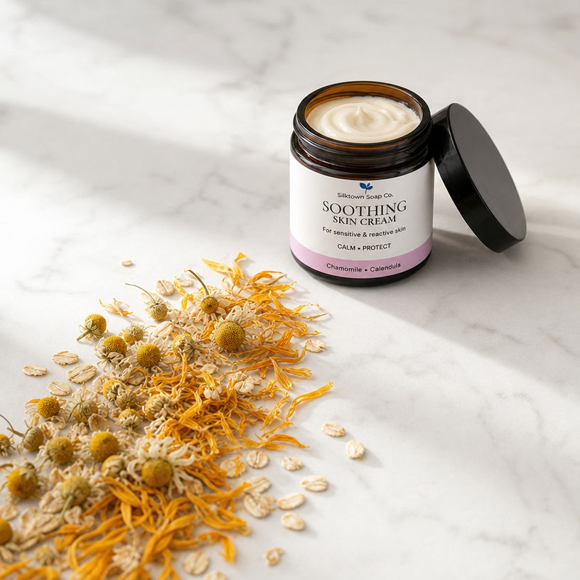 An open amber glass jar of Silktown Gardens Co. Soothing Skin Cream sits on a white marble surface next to scattered dried chamomile flowers and oats.