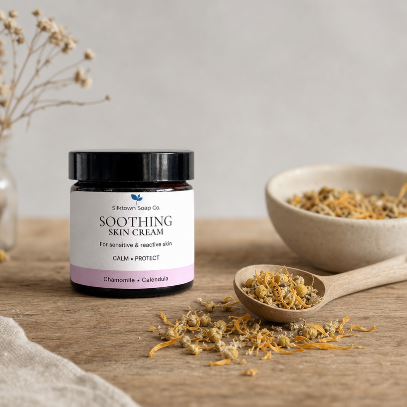 A jar of Silktown Soap Co. Soothing Skin Cream sits on a rustic wooden table, styled with chamomile and calendula flowers in a bowl and spoon, with dried flowers in the background.