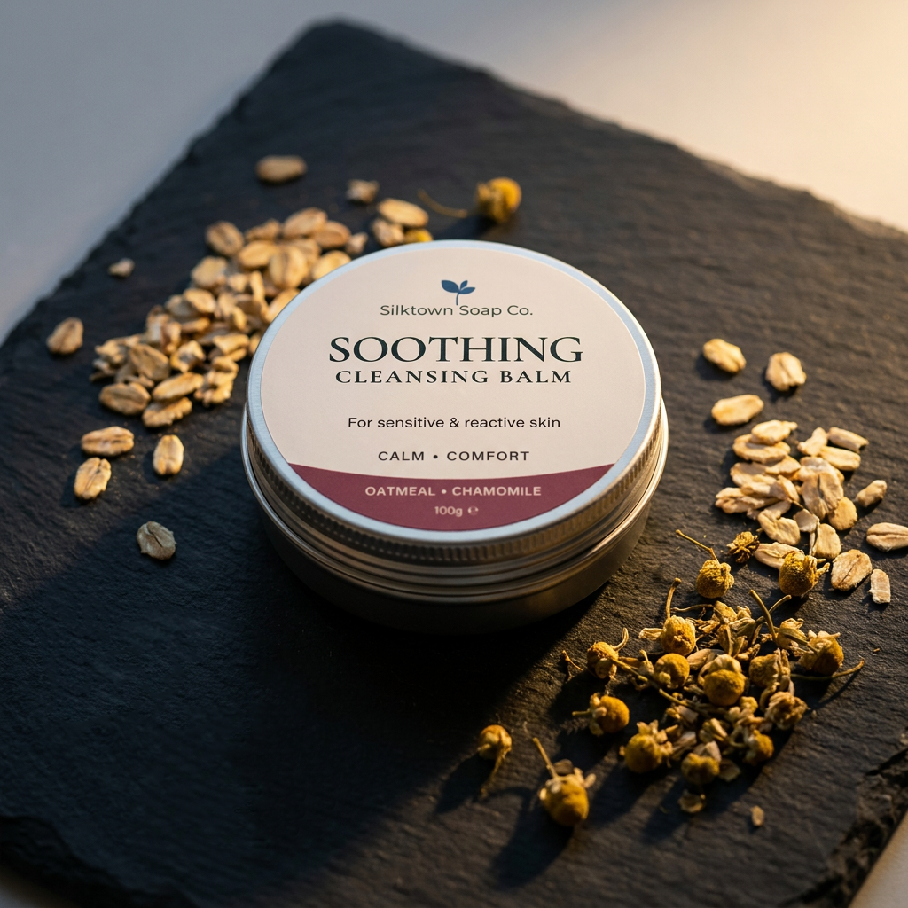 Soothing cleansing balm on a dark slate with osts and chamomile buds