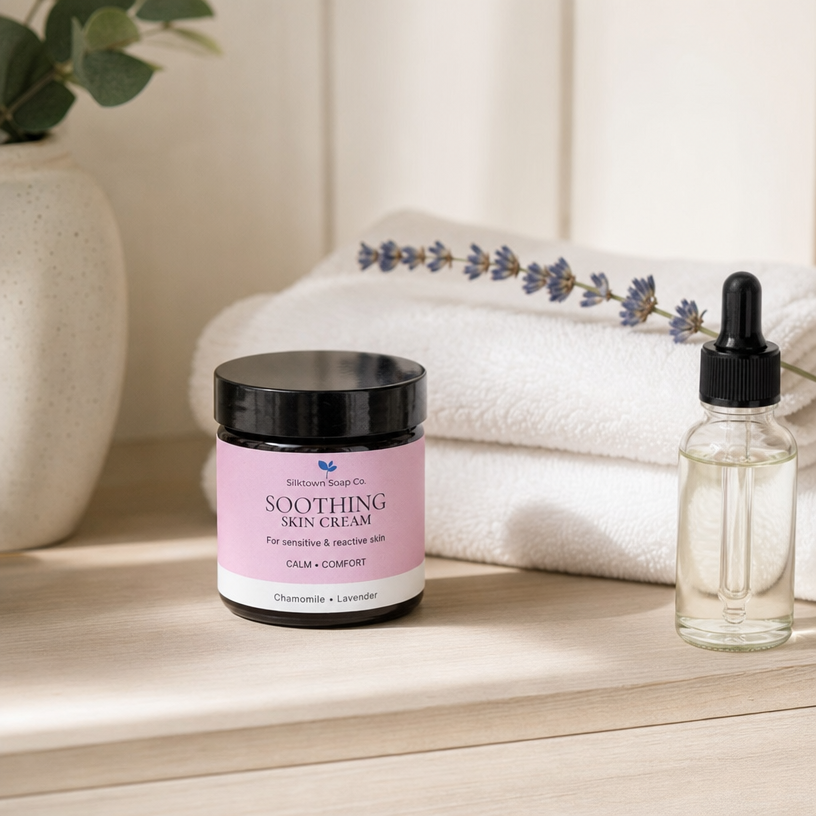 A jar of Soothing Skin Cream by Silktown Soap Co sits on a light wooden surface next to a small dropper bottle, with folded white towels and a lavender sprig in the background.