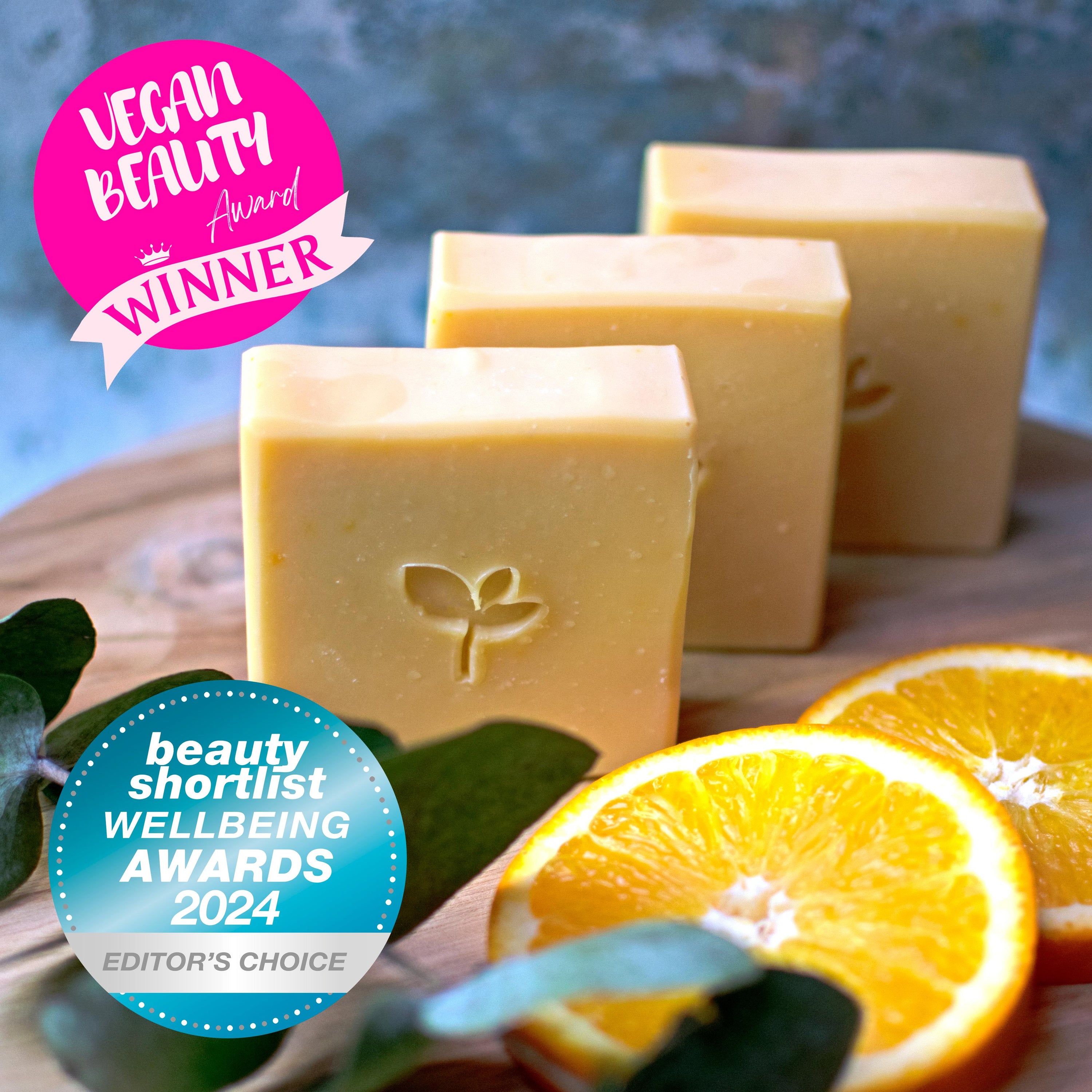 Sunbeam award winning Natural soap bars with citrus ans plants and awards