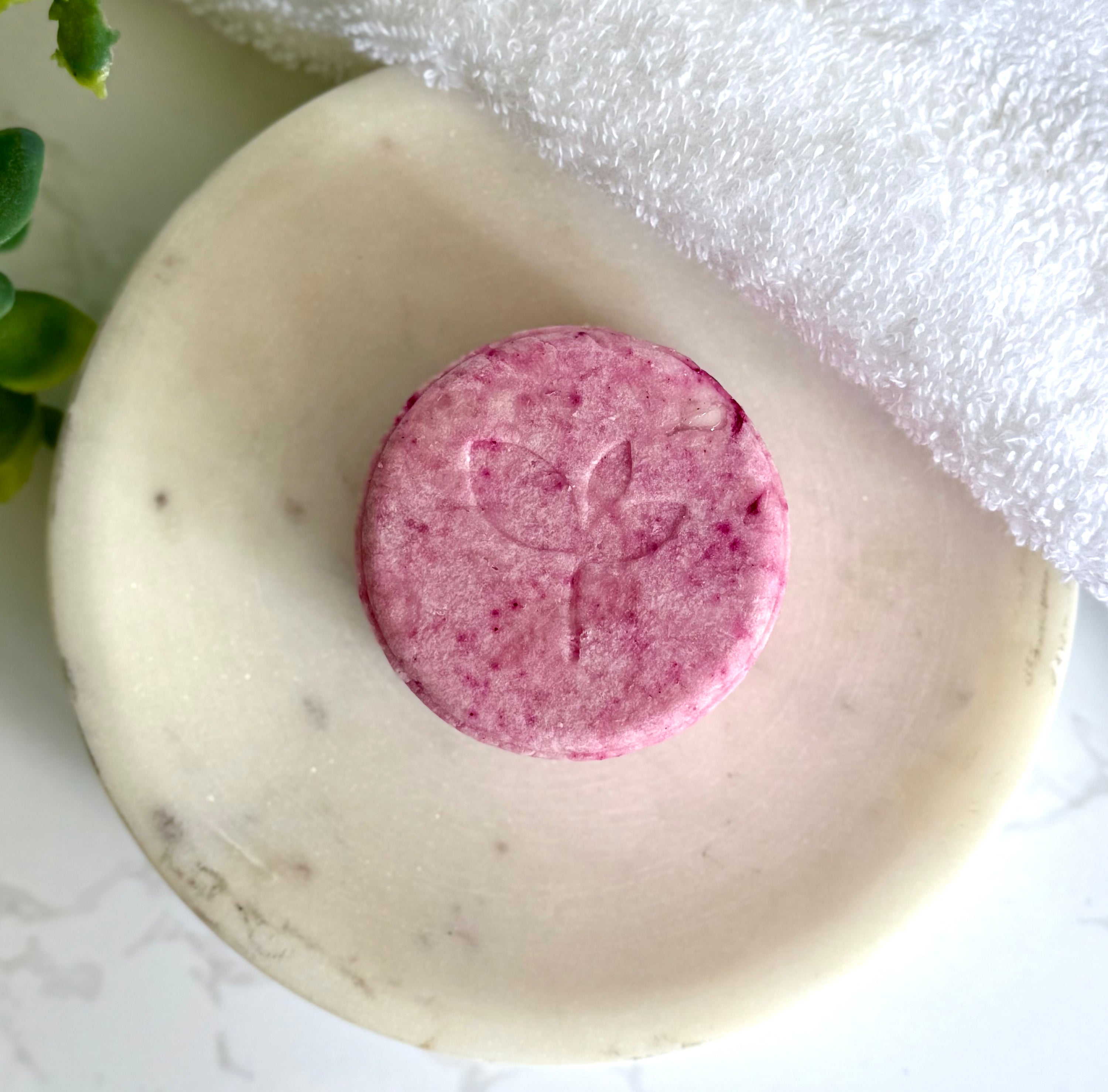 Natural Shampoo Bar - Talisman on a white marble surface with green leaves