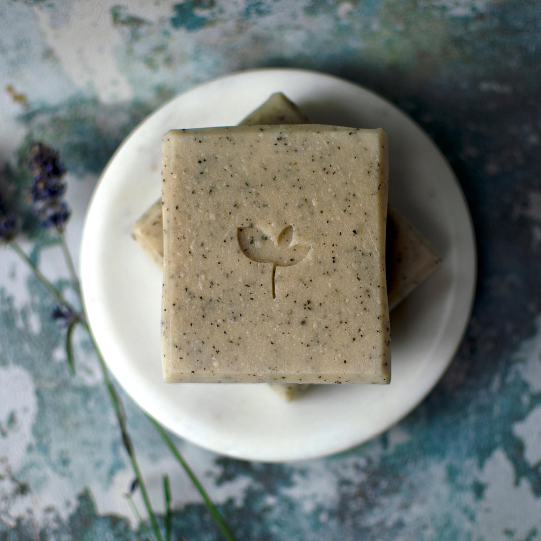 Tea Caddy handmade soap bars on a dish with lavender