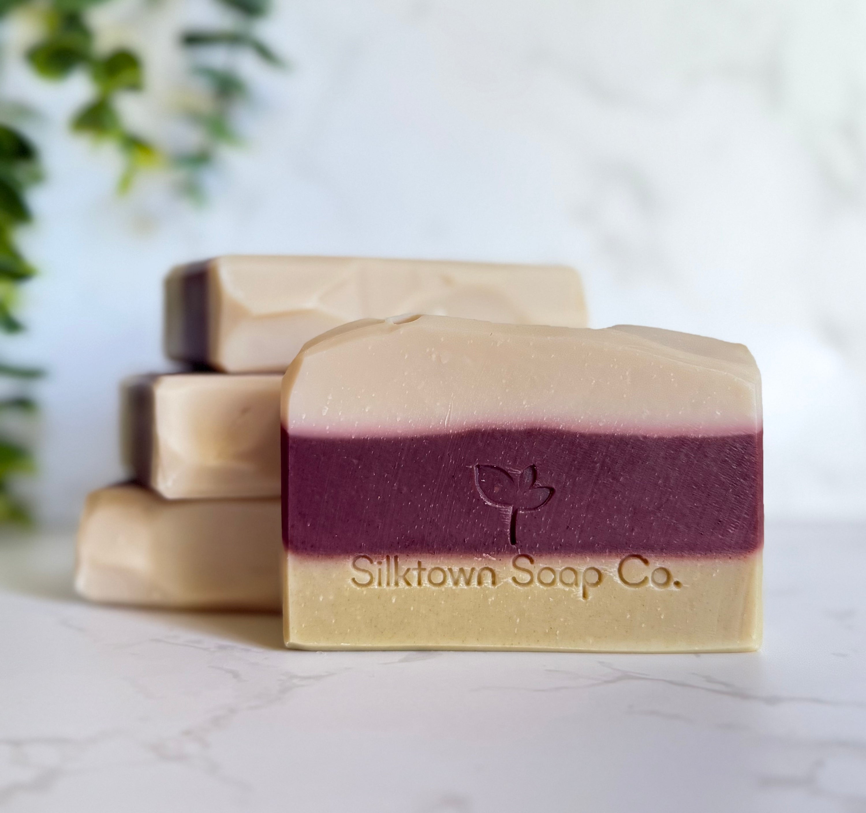 Four The 100 natural soap bars with a red and green color gradient on a marble surface with foliage in the background