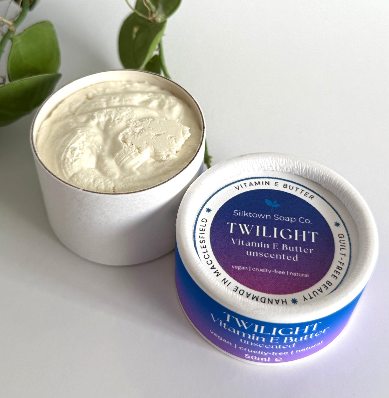Silktown Soap Co. Twilight Vitamin E Butter container with lid off on a white background