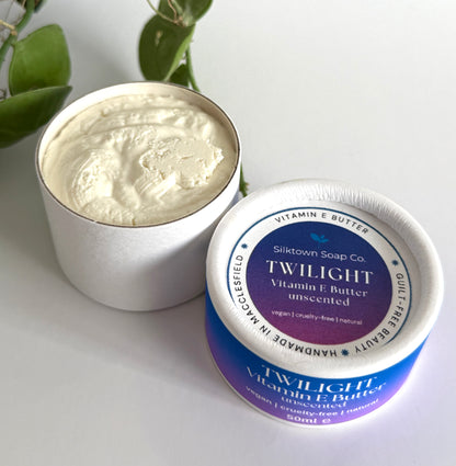 Silktown Soap Co. Twilight Vitamin E Butter container with lid off on a white background