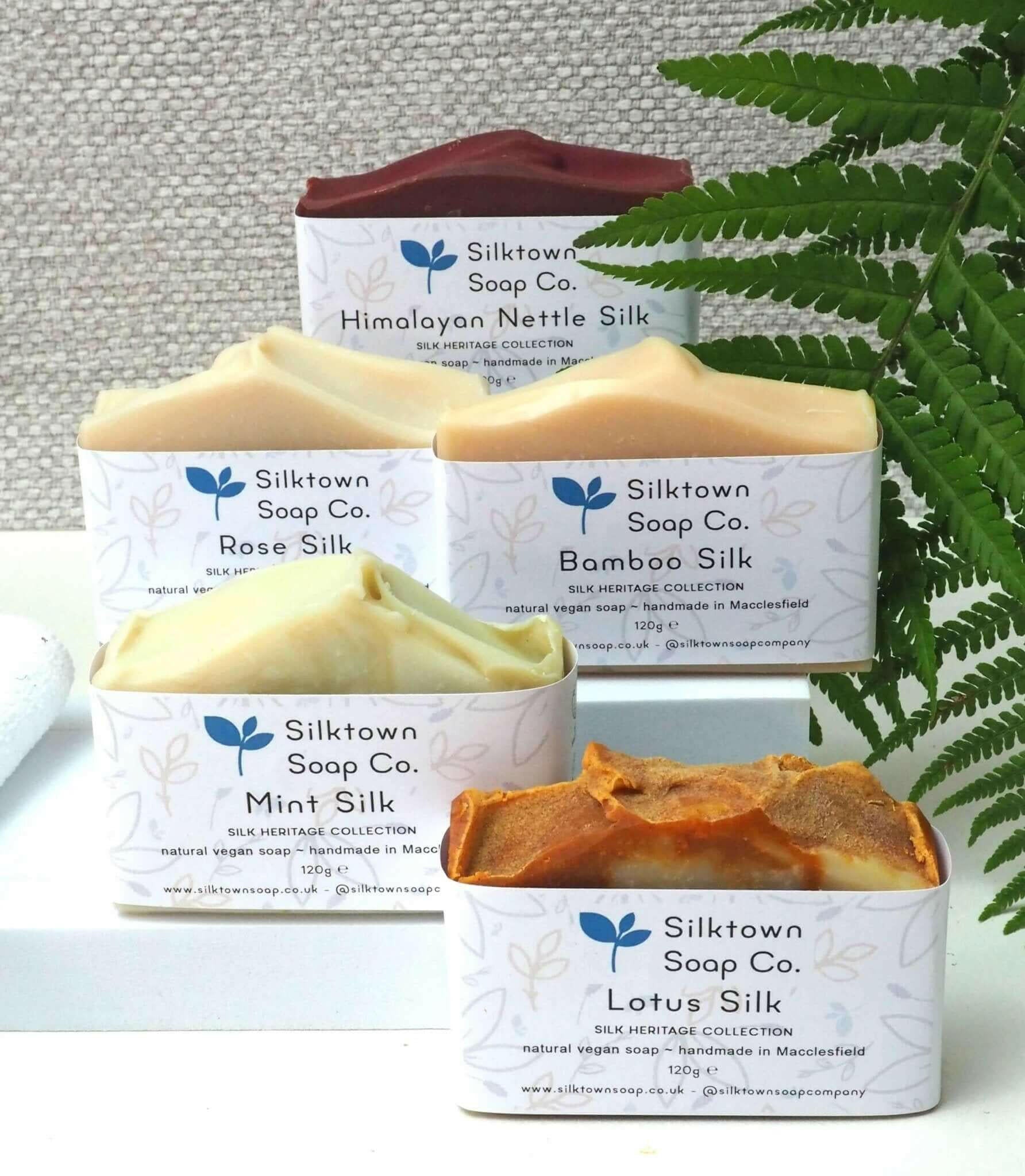 Vegan Silk natural Soap bar colleciton with foliage