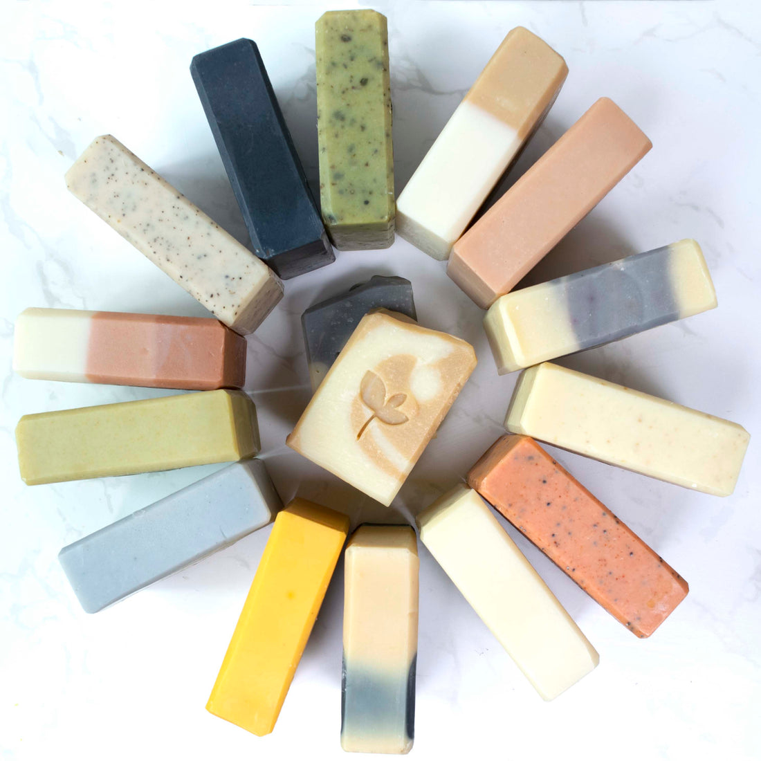 Selection of handmade natural soaps from Silktown Soap Company in a circle