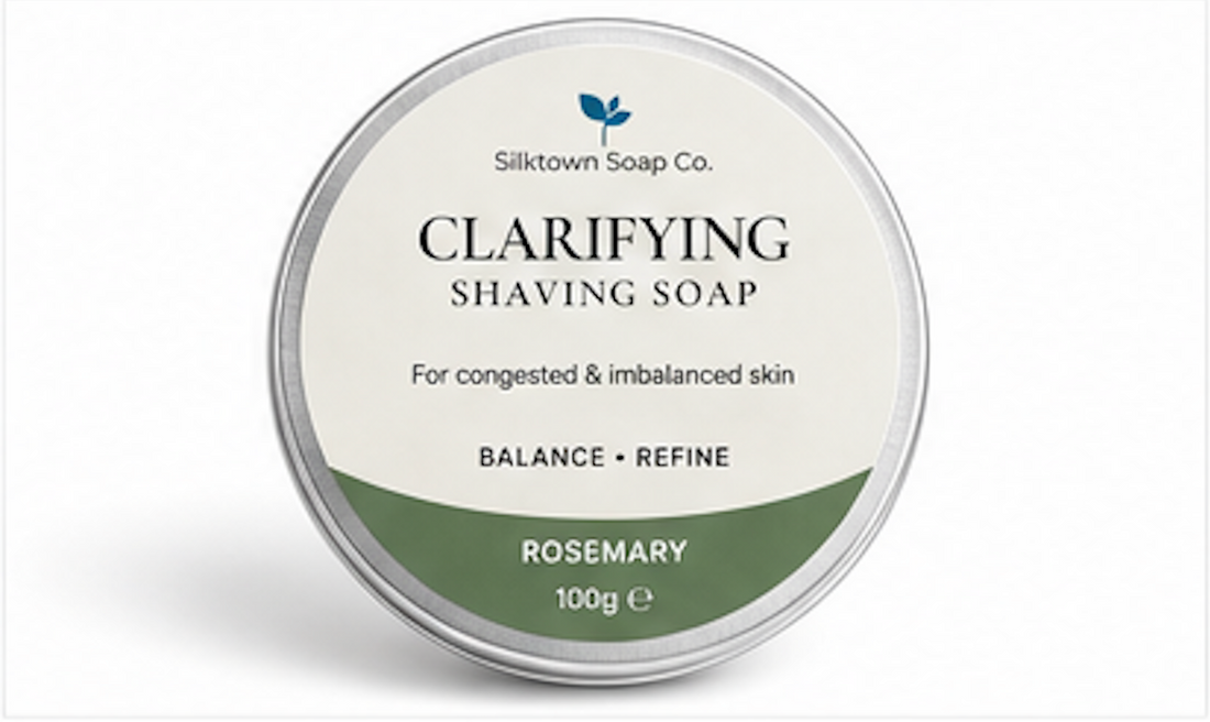 SilkTown Soap Co. clarifying shaving soap tin on a white background
