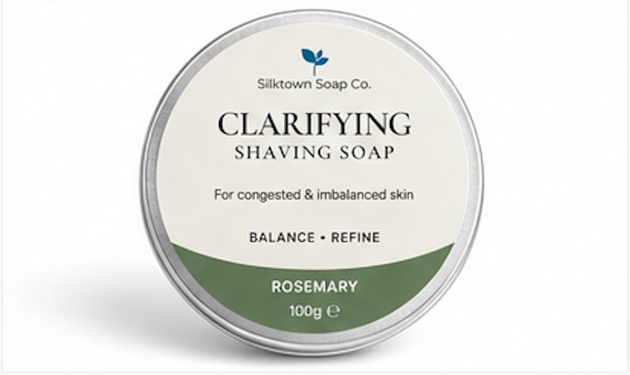 SilkTown Soap Co. clarifying shaving soap tin on a white background