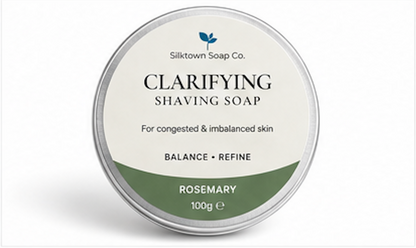 SilkTown Soap Co. clarifying shaving soap tin on a white background