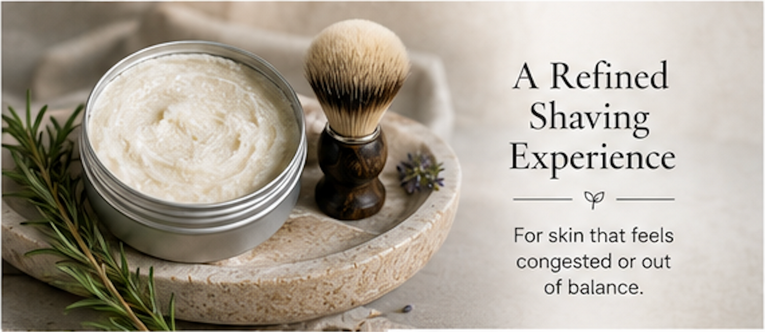 Jar of shaving cream with a brush and rosemary on a stone surface, text about a refined shaving experience.