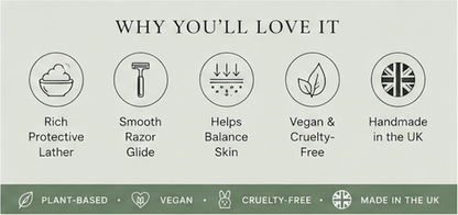 List of reasons why a product is loved, including rich protective lather, smooth razor glide, helps balance skin, vegan and cruelty-free, and handmade in the UK.