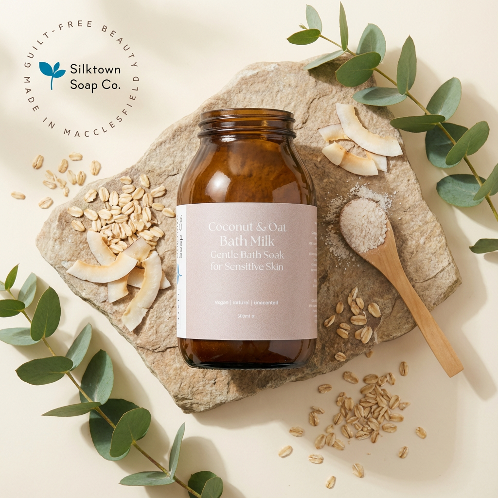 Silktown Soap Co. coconut and oat bath milk bottle on a stone with natural ingredients and eucalyptus leaves.