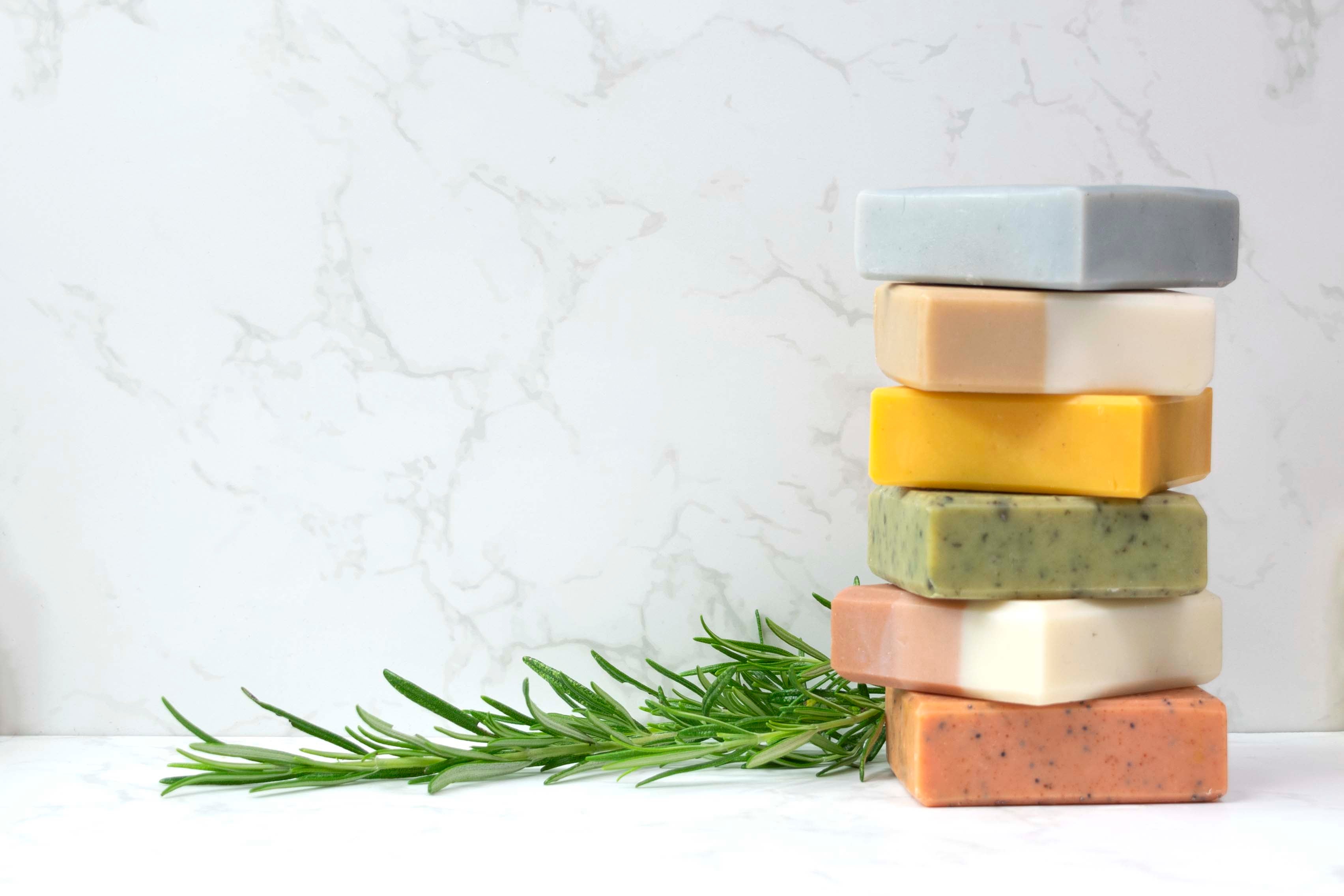 Selection of handmade natural soaps from Silktown Soap Company in a stack
