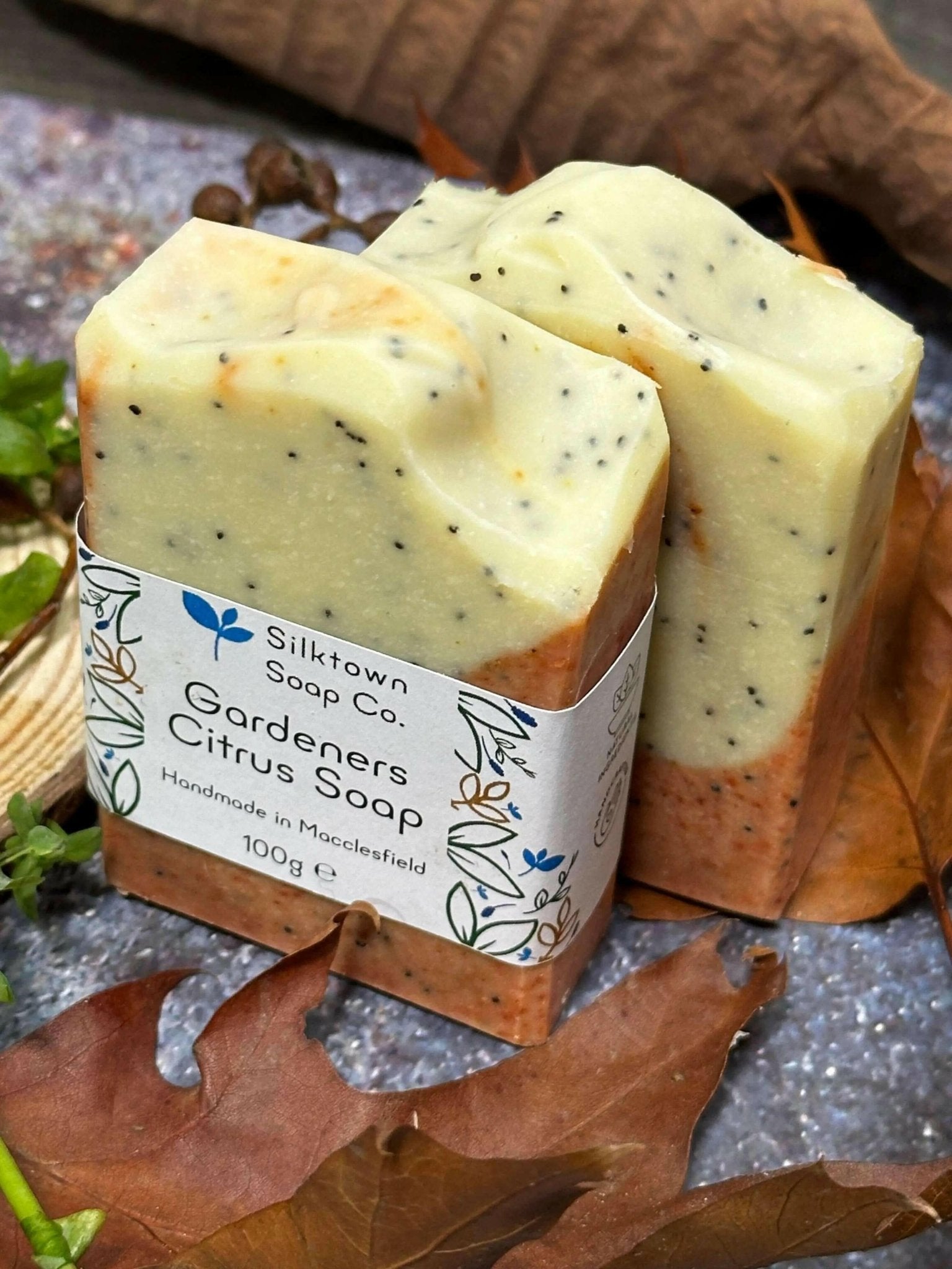 Gardeners Citrus natural Soap bars on stone with leaves