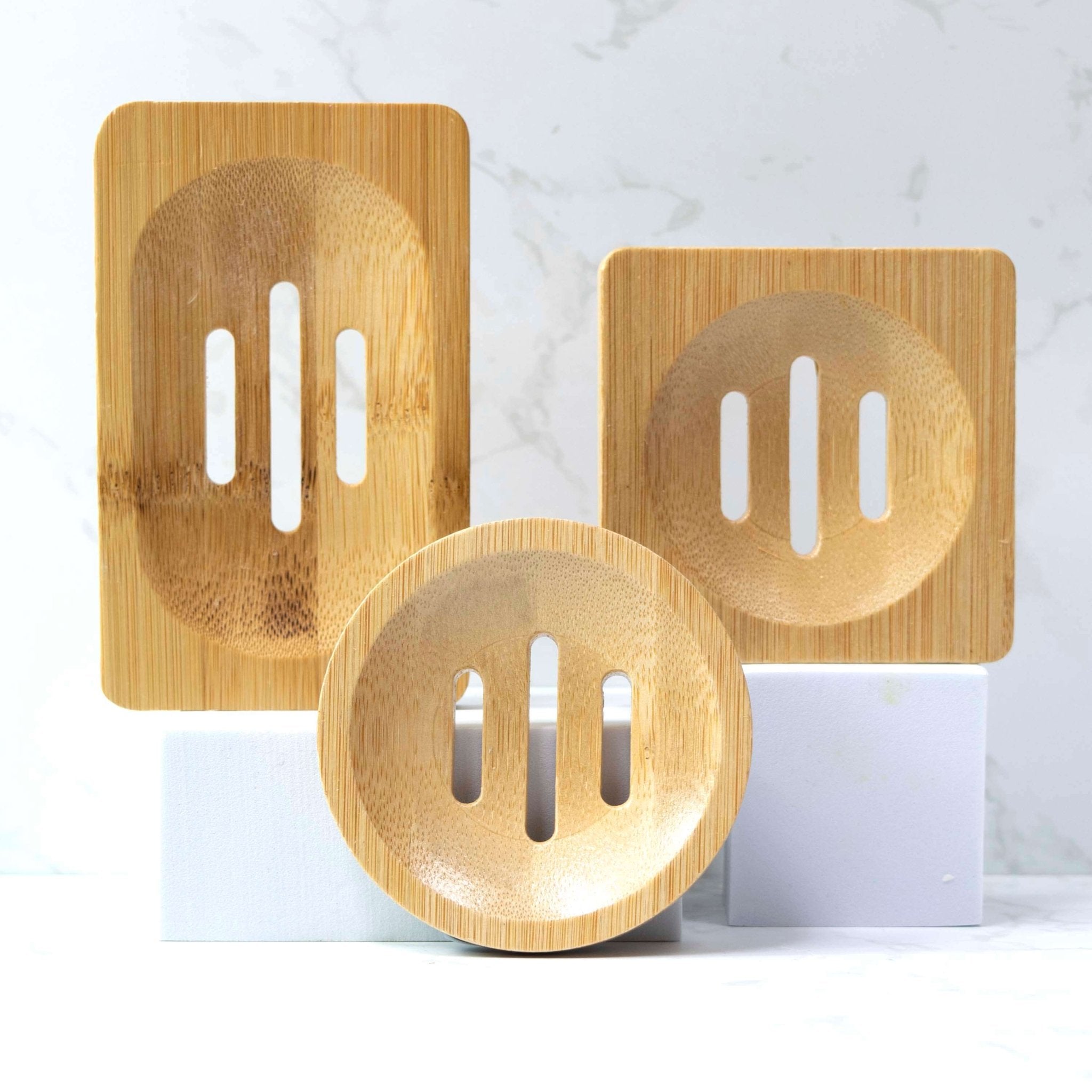 Three different Natural Bamboo Soap Dishes – Eco-Friendly Bathroom Accessories