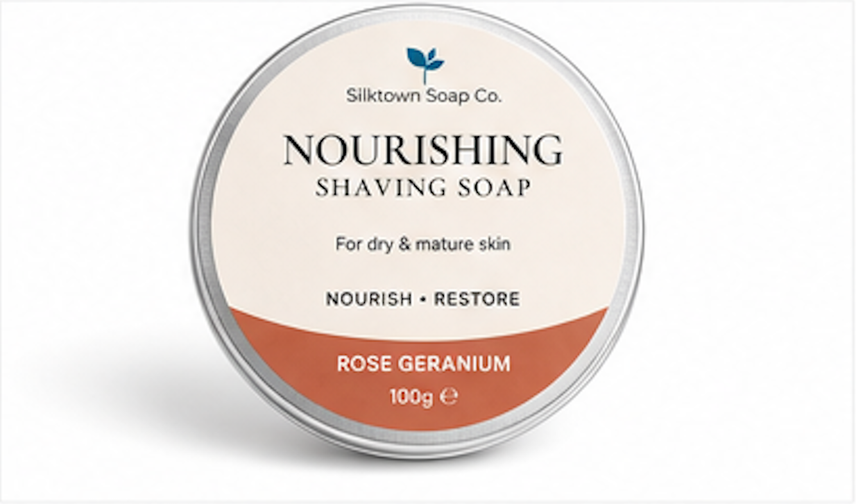 SilkTown Soap Co. Nourishing Shaving Soap tin with Rose Geranium scent on a white background