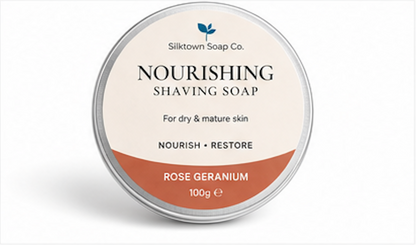 SilkTown Soap Co. Nourishing Shaving Soap tin with Rose Geranium scent on a white background