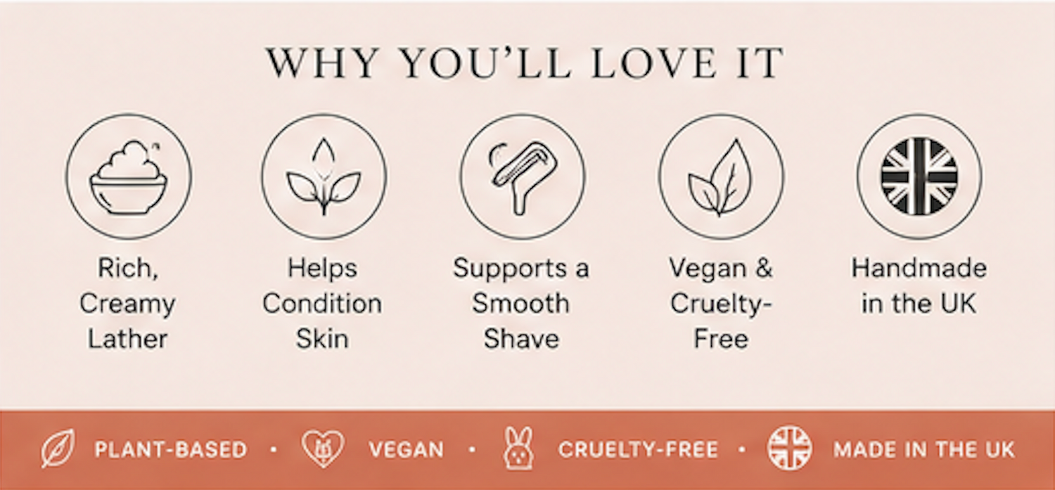 List of reasons why a product is loved, with icons and text on a beige background.