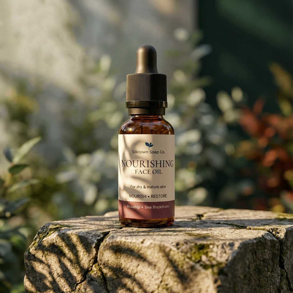 nourishing face oil in botancial setting