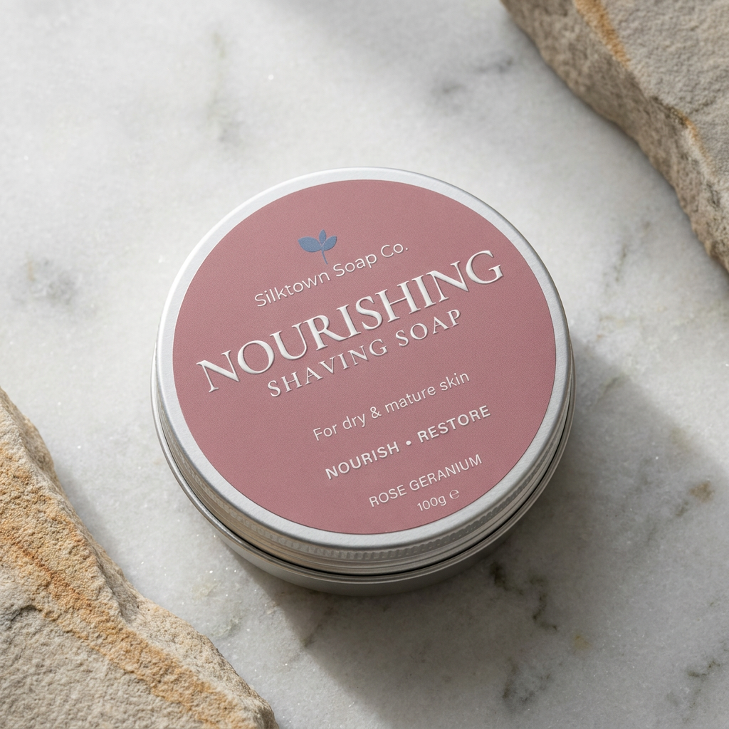 Nourishing shaving soap in a tin on marble surrounded by stone